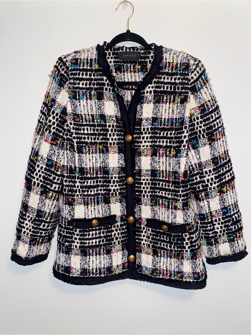 Carlisle Collection Black Multicolor Tweed Gold Button Blazer Jacket